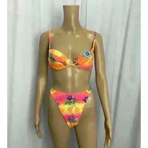 VTG RARE 90s Y2k Pan Dulce Neon Vibrant Floral Bikini 2-Piece Swimsuit Underwire